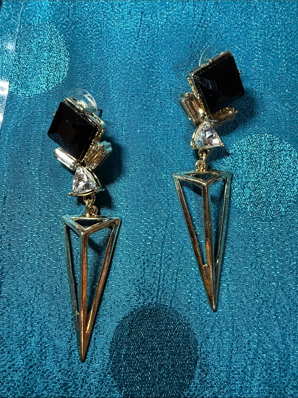 Gold Geometric Drop Earrings with Black Stone